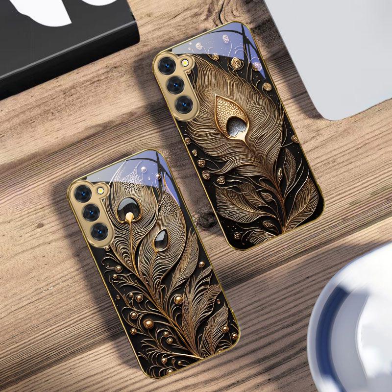 Golden Feather Gemstone For Samsung Galaxy S20 FE S21 S22 S23 Plus S24 Ultra 25Ultra S21+ S9+ S22Plus Golden glass phone case