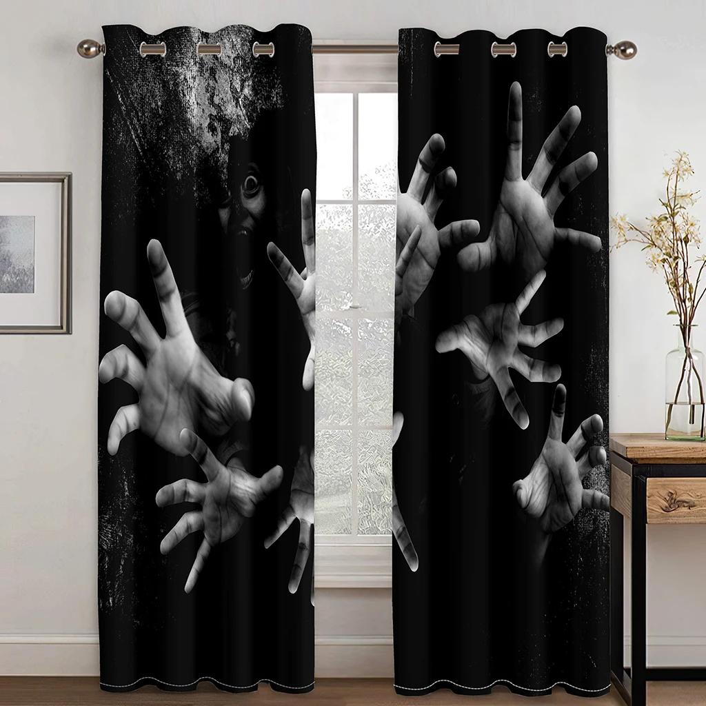 Cortinas Decorativas de Halloween 3D para Ventana de Sala de Estar, Dormitorio, Balcón con Diseño de Calavera Negra Masculina, 2 Paneles