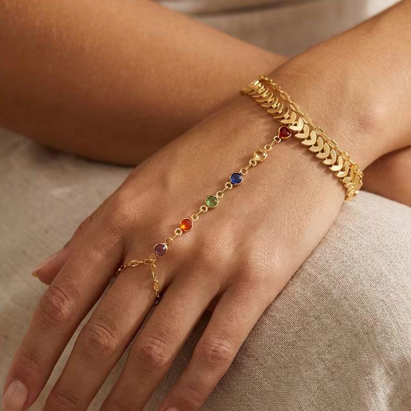 Boho Gold Color Leaf Rainbow Stone Chain Bracelet for Women Vintage Multilayer Finger Ring Hand Bracelet Fashion Jewelry Gift