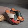 Johnature Retro Women Peep Toe Wedges Slippers Genuine Leather Thick Sole Slides Fashion Platform Shoes
