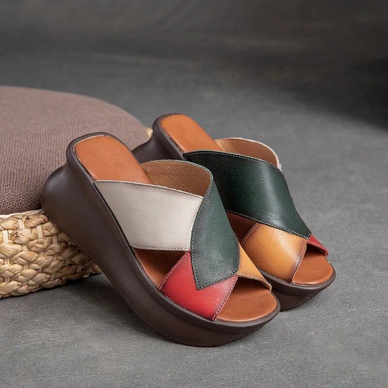 Johnature Retro Women Peep Toe Wedges Slippers Genuine Leather Thick Sole Slides Fashion Platform Shoes