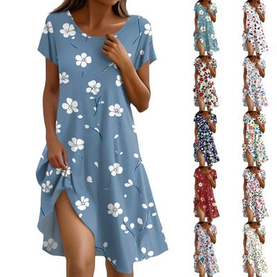 Short Sleeve Boho Dress For Women Casual Loose Fit Summer Sundress Floral Print Dress With Pockets
