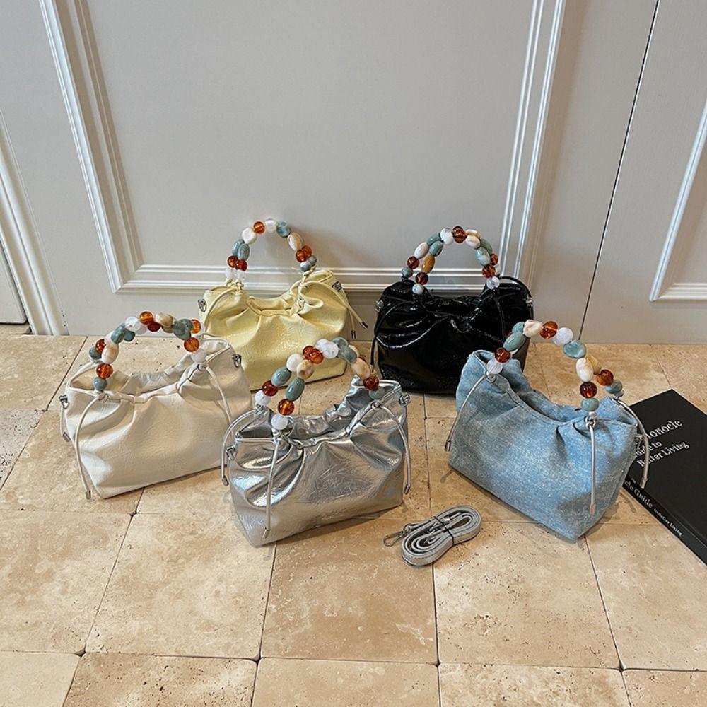 Tote Bag Beading Handle Shoulder Bag Messenger Bags Letter Printing Silver PU Bag Crossbody Bag Korean Style