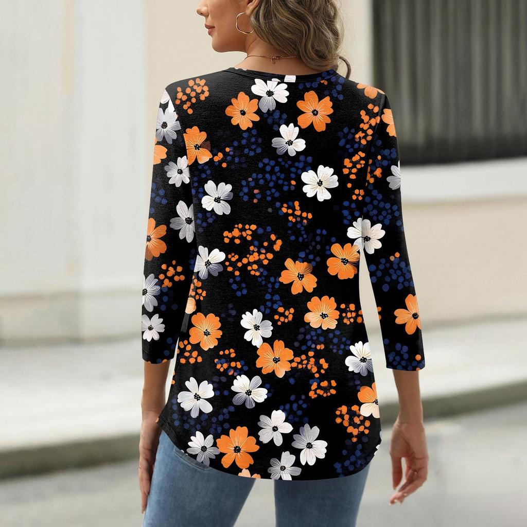 Shirt For Women's Fashion Casual Square Neck 3/4 Sleeve Loose Printed T-Shirt Ladies Top