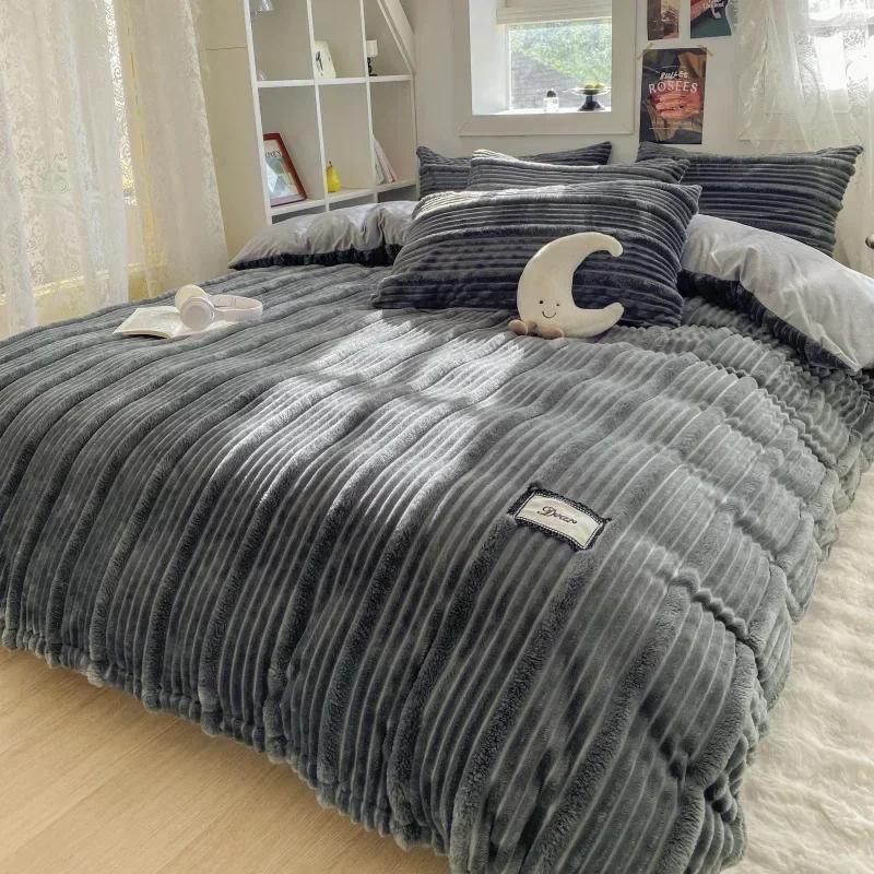 4PCS/set Thick Solid Color Velvet Duvet Cover Winter Warmth Bedding Set Double Quilt Cover Twin Queen King Comforter Cover