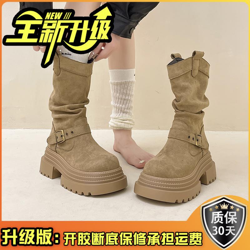 Korean version suede short boots autumn and winter retro versatile warm pile boots women's fashion boots thick-soled belt buckle knight boots
