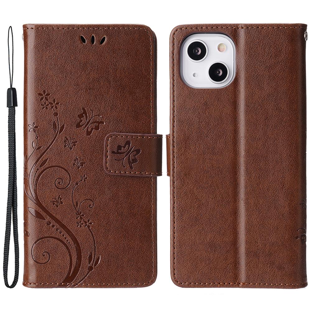 

For iPhone 15 Plus PU Leather Wallet Cover Cell Phone Case Imprinted Butterflies Shell Stand with Strap Brown