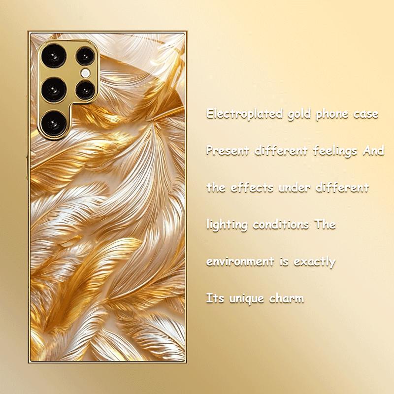 Gold-plated Tempered Glass Phone Case  Compatible Galaxy S26 S25 S24 S23 S22 Ultra Plus. Features a Gold Feather Texture Design.