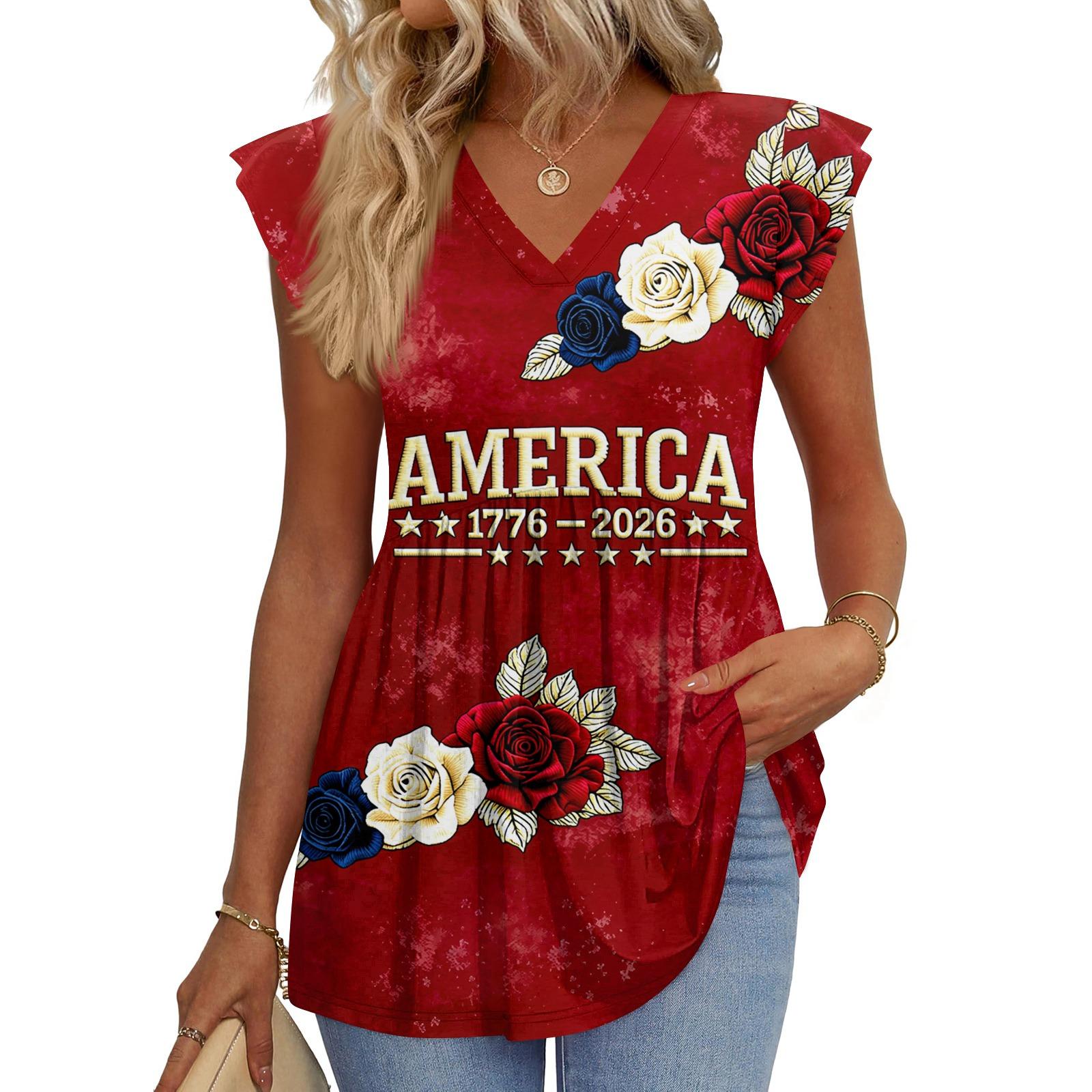 

Womens Tops Fashionable V-neck Ruffled Sleeve Short-sleeved T-shirt Business Blouses XL