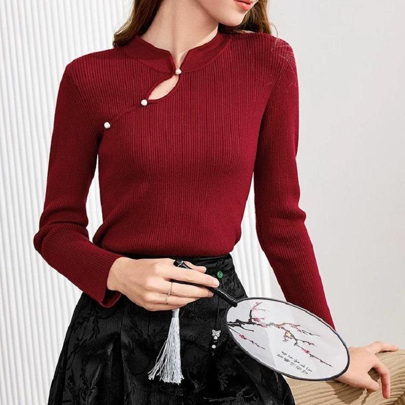 

Spring and Autumn Cheongsam Collar Bottom Shirt Beaded Premium Bottom Shirt Women s Design Sense Long Sleeves Tight Body 48-193 (average size)