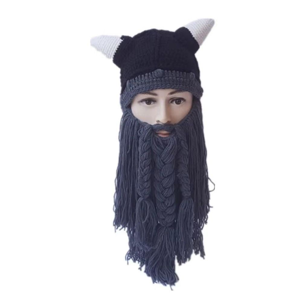Horn Hat Viking Beard Beanie Handmade Knit Big Beard Mask Hat Wig Beard Hats Costume Accessory