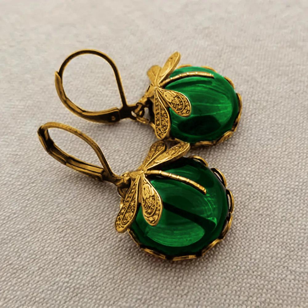 Retro European Mori pastoral earrings for women, imitation moonstone dragonfly earrings, round exquisite daily models