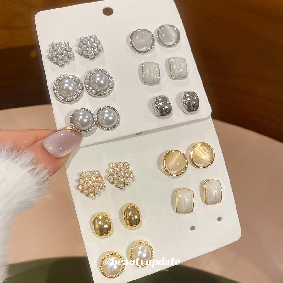 12-teiliges Vintage Set mit geometrischen Ohrsteckern aus Faux-Perlen und Silbernadel - Stilvoller, Hochwertiger Schmuck für Damen