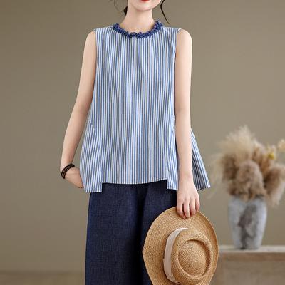 Summer Art Retro Loose Striped Sleeveless Shirt Top for Women Blouses & Shirts
