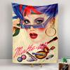 A vibrant portrait of a stylized woman with makeup tools and bold text. Patterned tapestry for bedroom and living room home decor