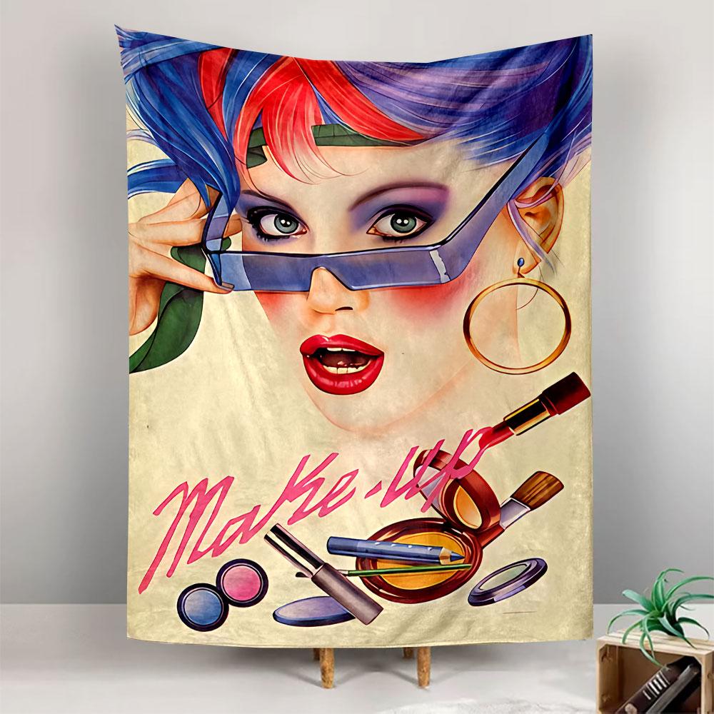 A vibrant portrait of a stylized woman with makeup tools and bold text. Patterned tapestry for bedroom and living room home decor