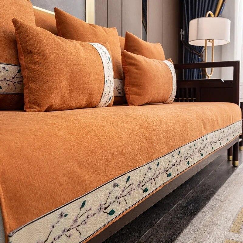 Chenilowa Mata na Sofę z Haftem Antypoślizgowa Pogrubiona Ręcznik na Oparcie Dekoracja Domu Salonu Pyłoszczelna Pikowana Poduszka