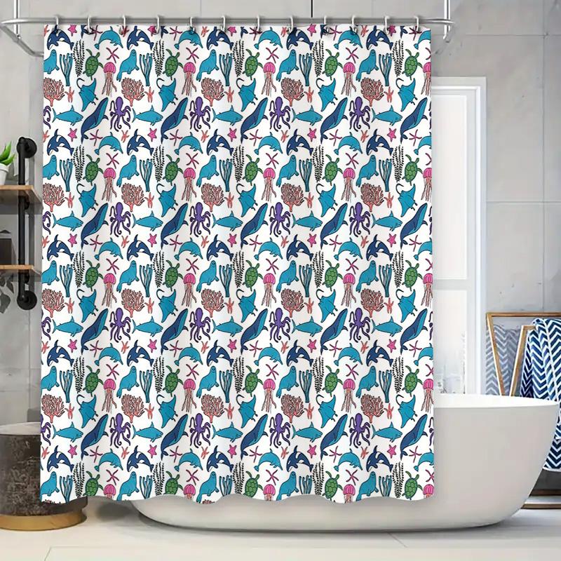 

Ocean Sea Life Shower Curtain Tropical Fish Blue Whale Coral Pattern Waterproof Bathroom Decor Beach Theme Fabric W60H190(CM)-1 Pcs
