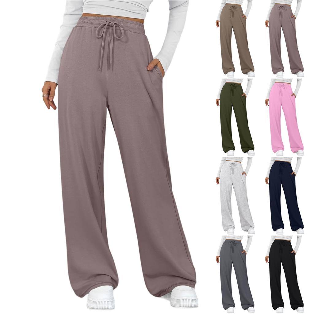 Women's Fashionable Color Pants With Wide Legs, High Waist, Loose Drawstring Pockets, Casual Pants