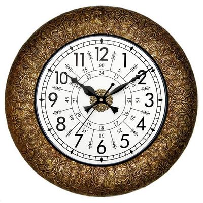 Ethnic Handcrafted Decorative Wall Clock with Classic Metal | Golden Antique Wooden Wall Clock for Living Room | 24 Hours | 16 Inch