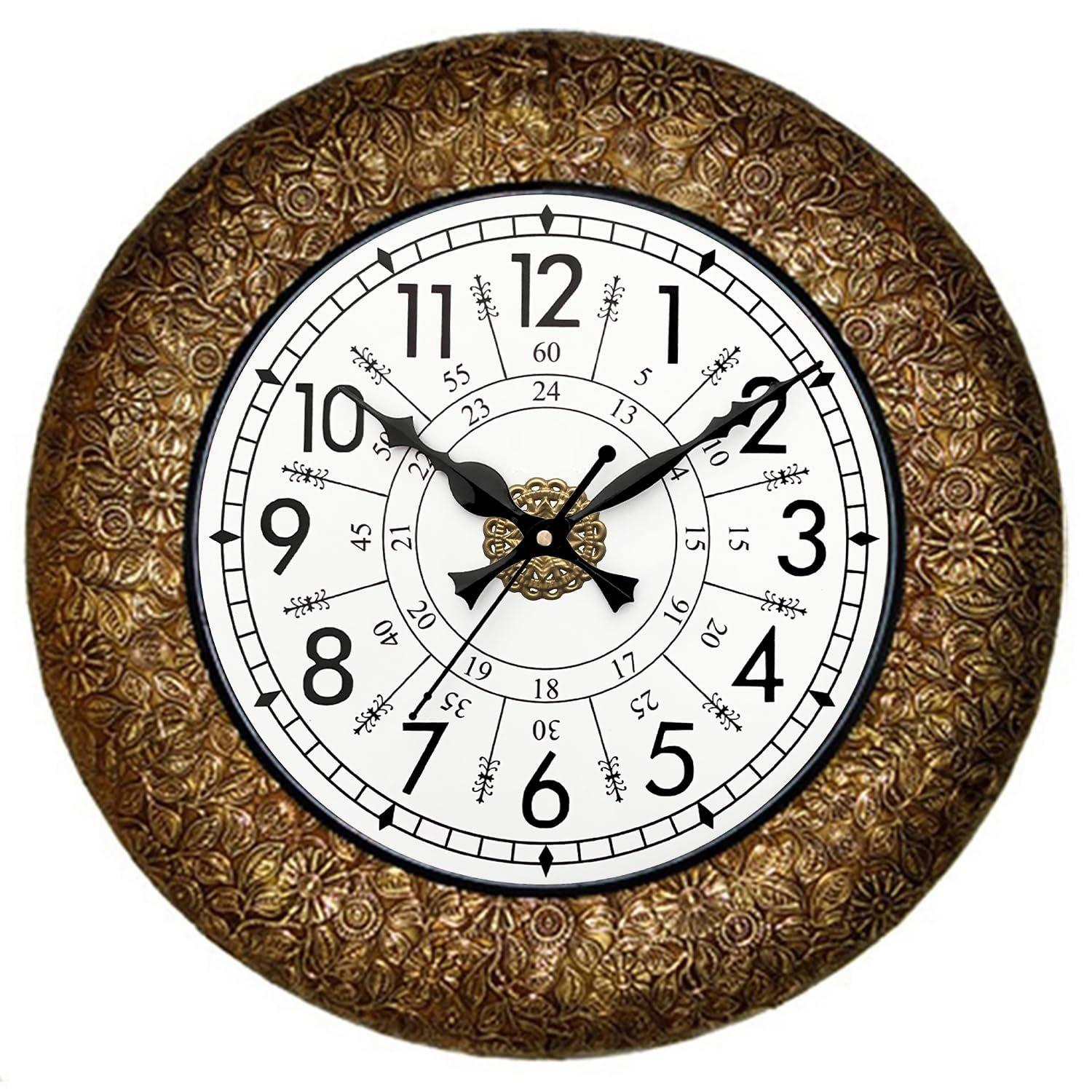 

Ethnic Handcrafted Decorative Wall Clock with Classic Metal | Golden Antique Wooden Wall Clock for Living Room | 24 Hours | 16 Inch 16 INCH