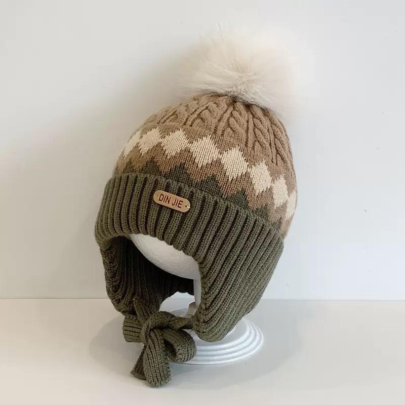 New Children's Rhombus Jacquard Knitted Ear Protection Hat for Boys and Girls' Babies Autumn and Winter Fleece Warm Hat