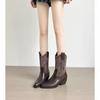 Cowhide Version~ Pointed Thick Heel Engraved Western Cowboy Boots for Women's Autumn and Winter New Retro Style Short Boots for Women