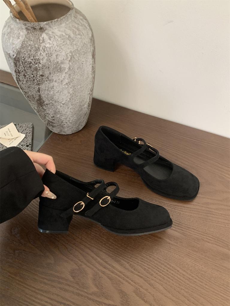 Korean Version Suede Square Head Double Row One-button Thick Heel Light Mouth Single Shoes Women's 2025 Spring and Autumn New Mary Jane Shoes Women