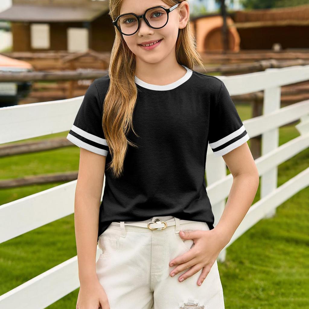 Girls Fashion Short Sleeve Round Neck Color Blocking Casual T-Shirt Top