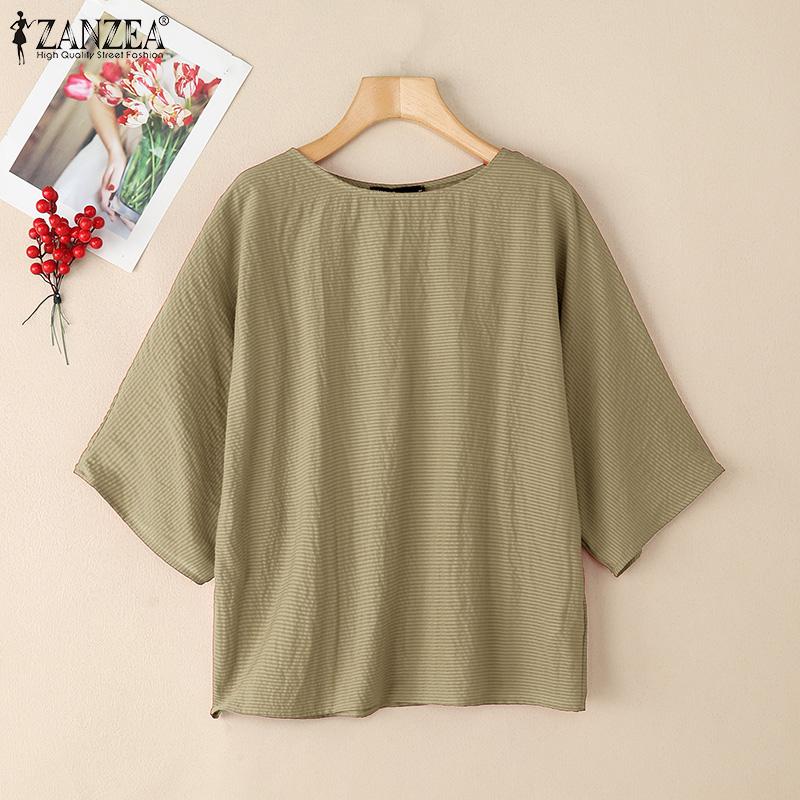 ZANZEA Women Casual 3/4 Sleeve Summer Loose Stripe Blouse