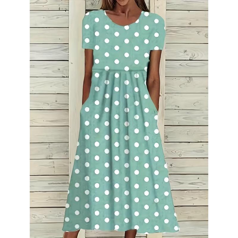 New Summer Fashion Mid-rise Casual Round-neck Polka Dot Printed Short-sleeved Dress for Women