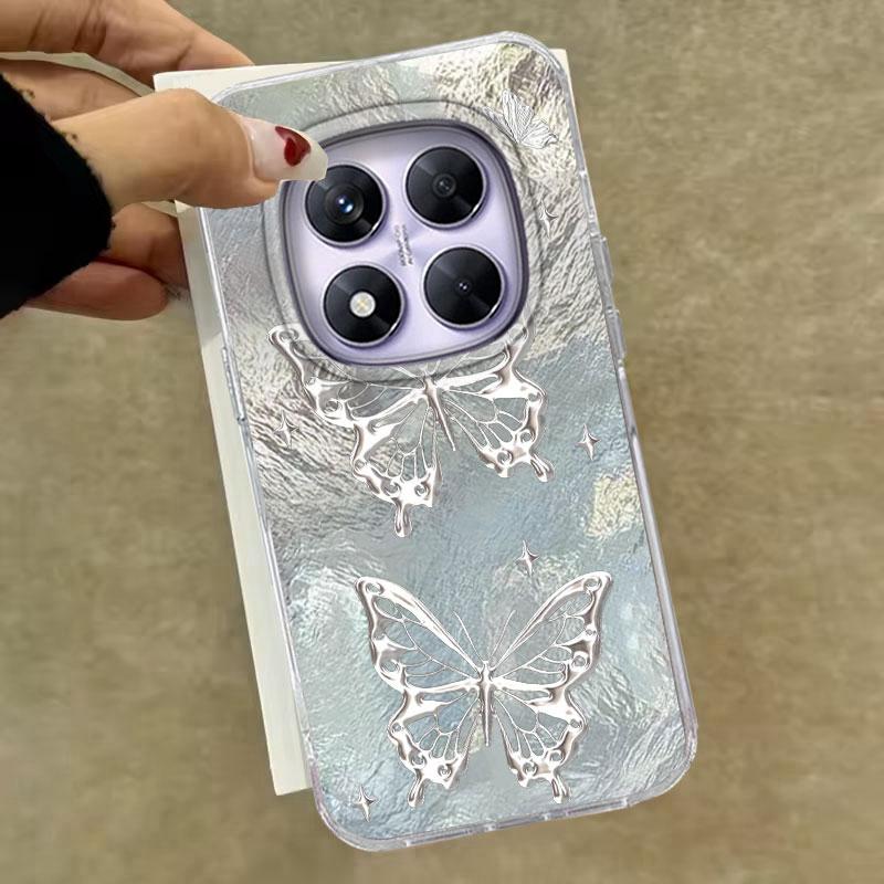 For Redmi Note 14 Pro Plus 13 11 12 Pro 14S 11S 10S 9 Pro Max 9S 8 Pro 5G Ro 4G Phone Case Silver Butterfly Pattern Silicone Bag