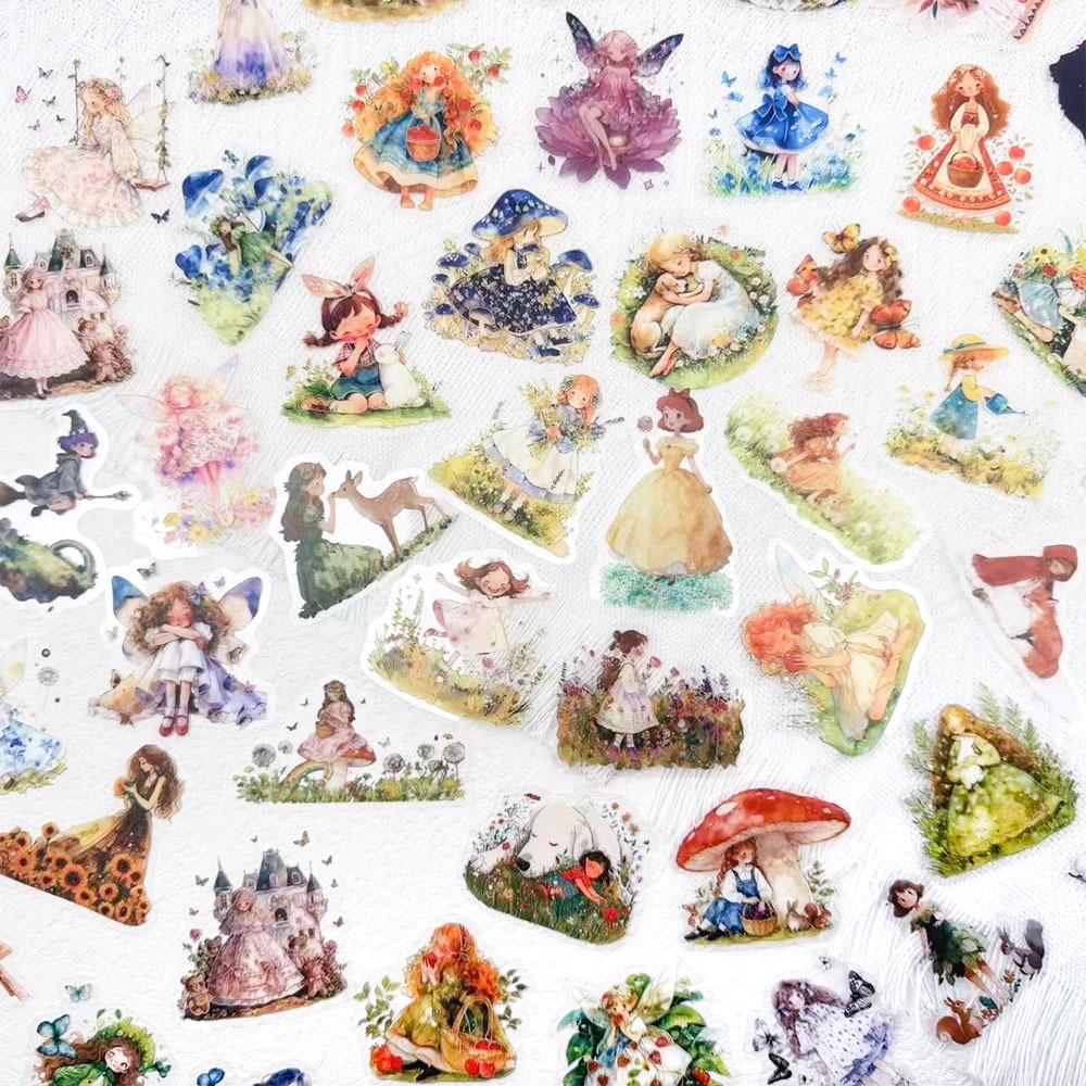 50 Sheets of Fairy Tale Princess Cartoon PET Transparent Stickers for Laptops, Suitcases, and DIY Projects