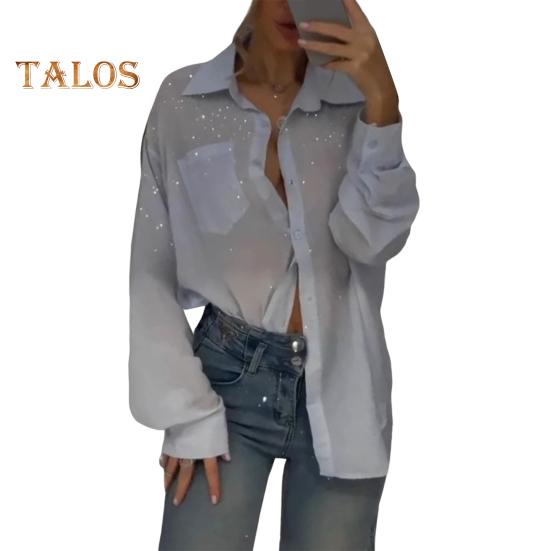 

Женская рубашка с лацканами, длинным рукавом, с золотой строчкой, однобортная однотонная рубашка свободного кроя, тонкая рубашка на каждый день S светло-синий