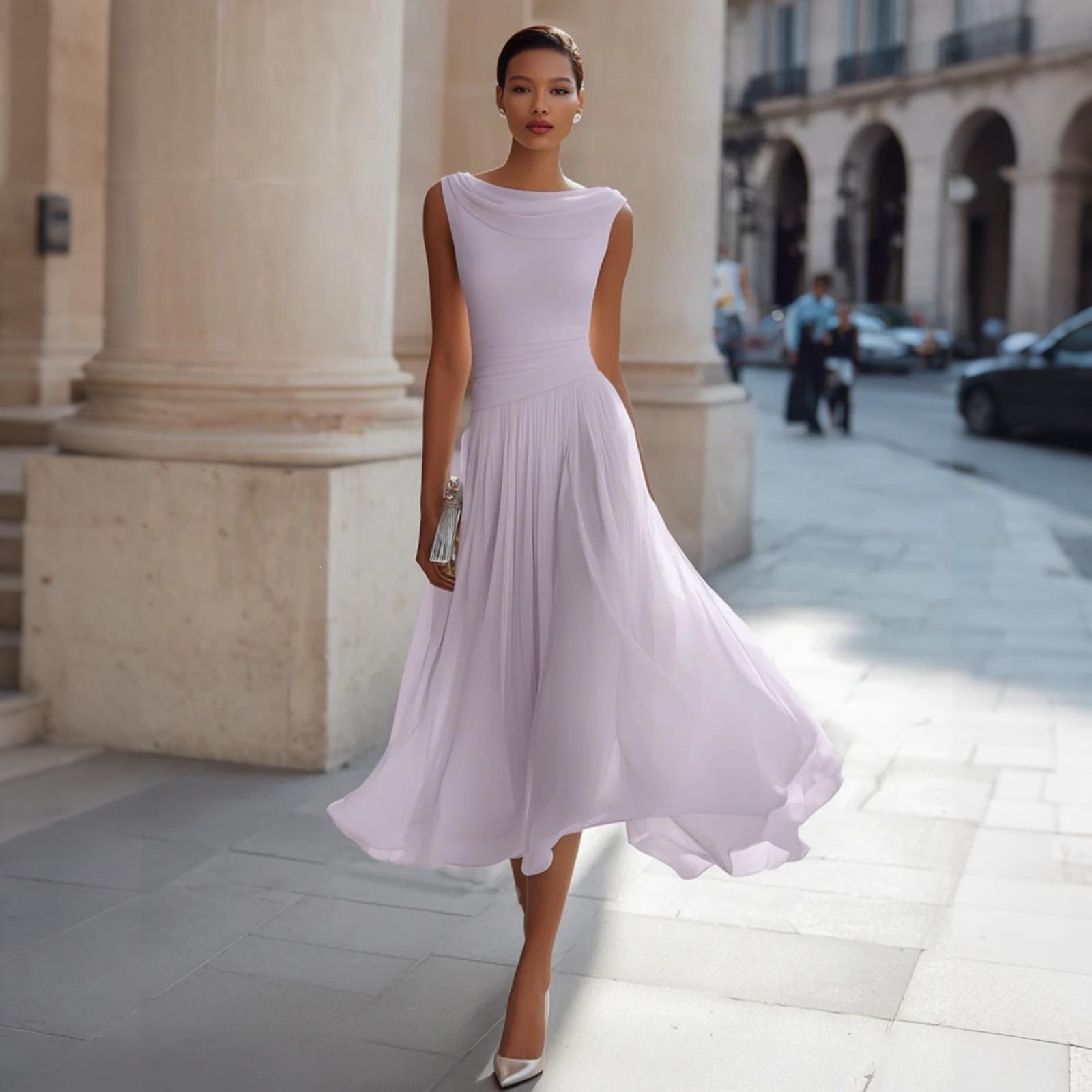 Ärmelloses Midi-Kleid für Damen mit Wasserfall-Ausschnitt Elegantes Unifarbenes Design Fließende A-Linie Geeignet für Urlaub und Alltag S gray