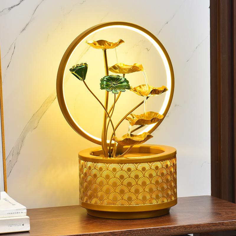 Lotus Water Fountain with Light & Fish Tank: Feng Shui Wheel for Wealth & Home Decor