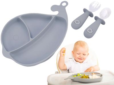 Giligums Silicone Gray Suction Cup Whale Plate + Cutlery Spoon Fork Dumel