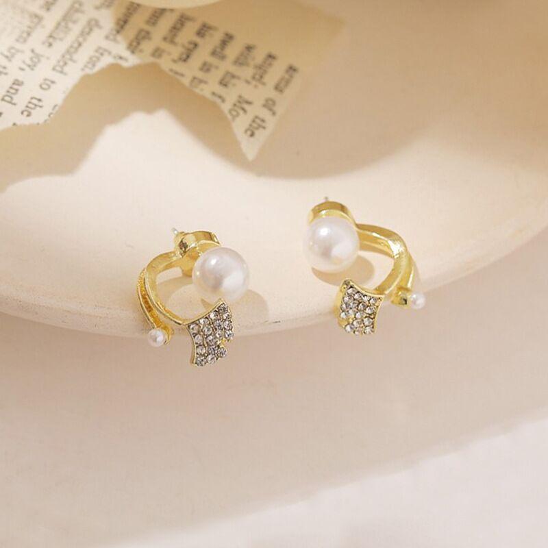

Imitation Pearl Ginkgo Biloba Leaves Crystal Curved Back Hang Post Stud Earrings Two in One Brincos Zircon Birthday Girl Gift