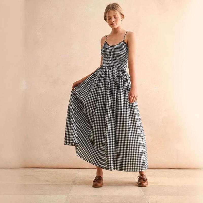 Women's Spaghetti Strap Sleeveless Gingham Print A Line Mid Waist Vintage Maxi Dress Sundress