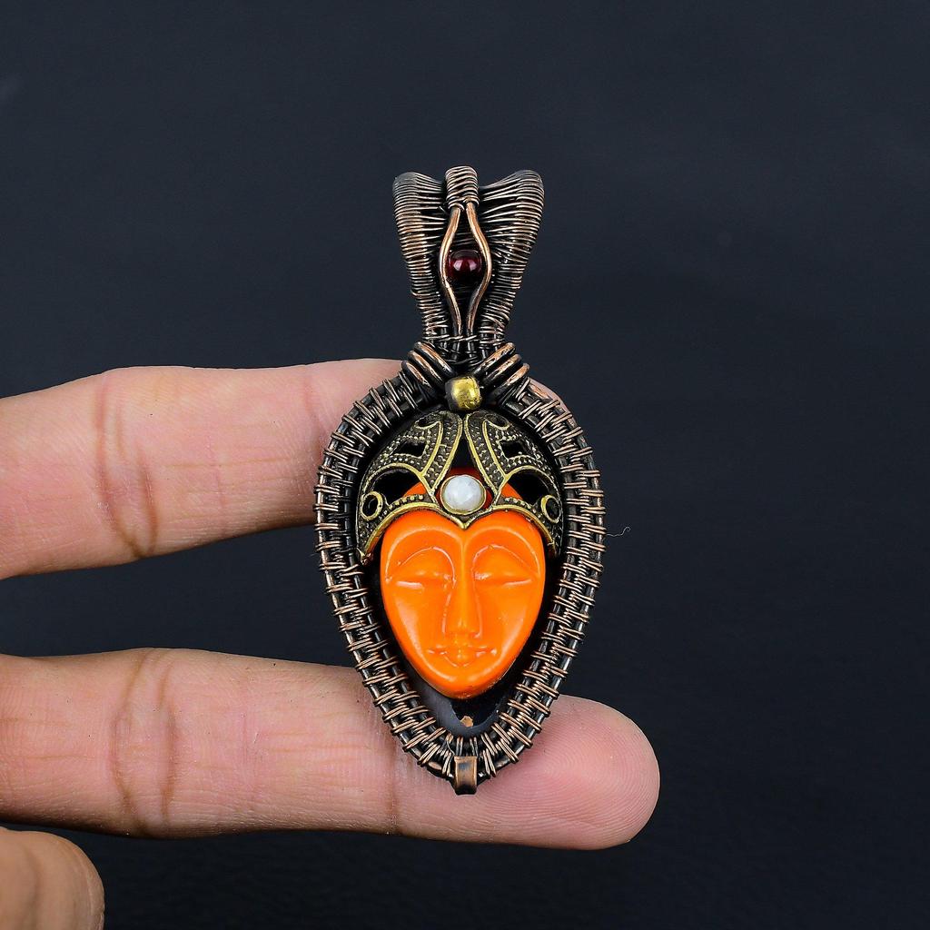 Orange Carved Bone Face & Moonstone Gemstone Pure Copper Wire Wrap Handmade Jewelry Pendant