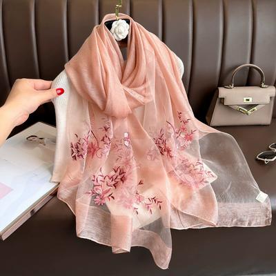 Bufanda de Seda y Lana para Mujer Bordado Floral Hiyab Foulard Femenino Bufandas Chalinas Delgadas de Pashmina para Primavera Verano Bufanda para la Cabeza