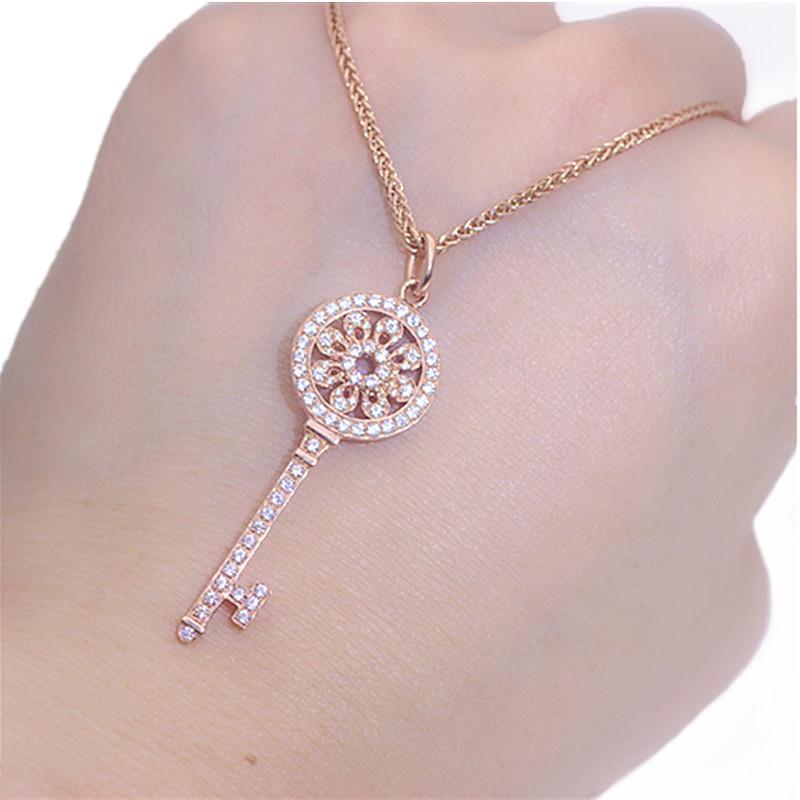 Exquisite Purple Gold Plated Rose Gold Fashion Trend Colored Gold Inlaid Zircon Key Pendant Simple Wind Collarbone Chain Women