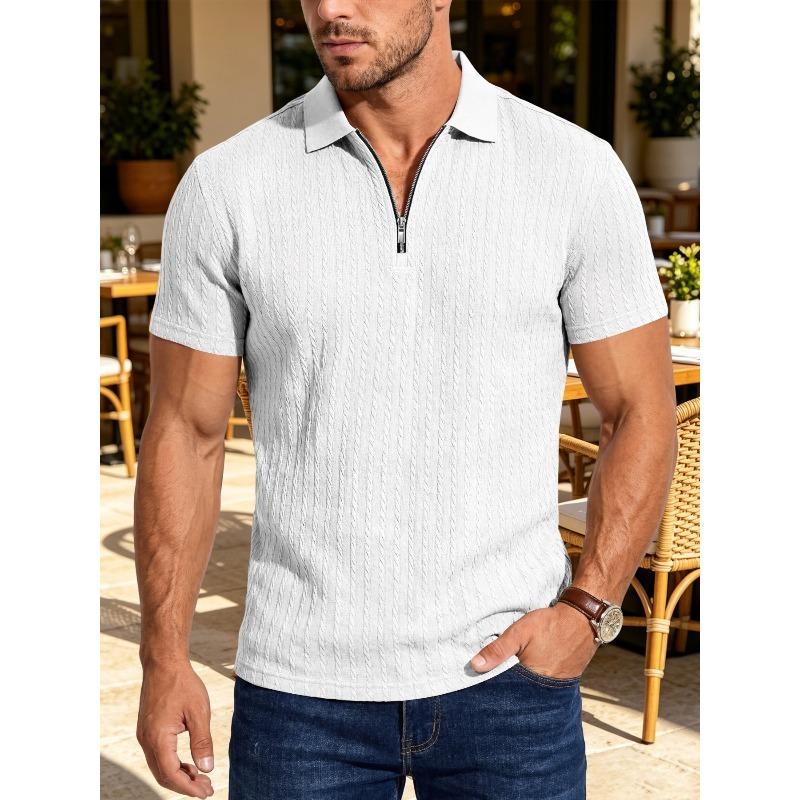 Summer Men's Textured Jacquard Half Zipper Lapel Polo Shirt Breathable Loose American Casual Short Sleeves