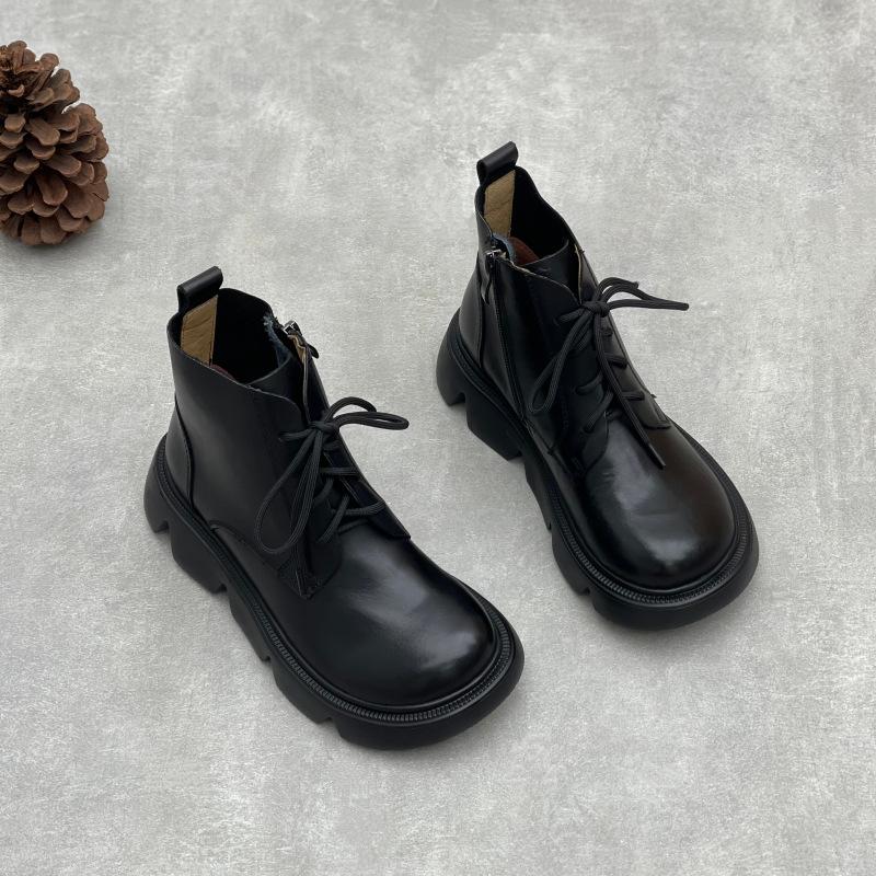 Johnature Botines Retro de Suela Gruesa Punta Redonda Versátiles Cuero Genuino Zapatos de Mujer