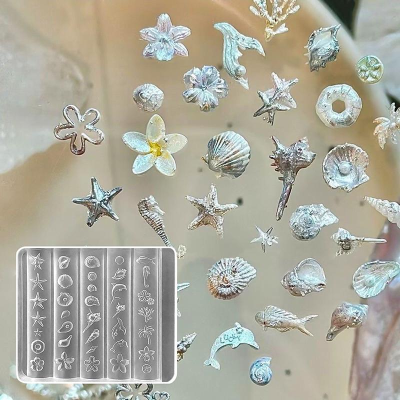 Ocean Series Animal Silicone Mold Sea Shell Conch Nail Stamplates Starfish Jellyfish 3D Soft Charm Manicure Mold Stencil Tools