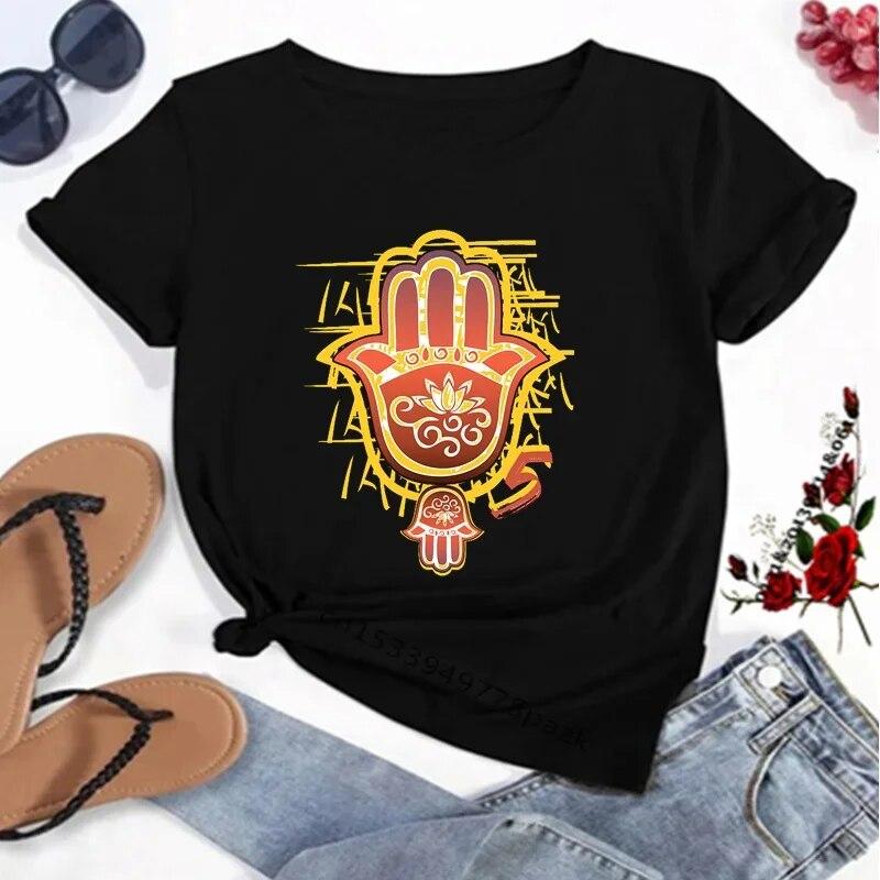 Hamasa Hand of Fatima Tryck WoUnisex T-shirts Lyckobringande Hamsa Hand Harajuku Unisex T-shirts Sommar Kort Ärm Svart Topp T-shirts FeUnisex Unisex