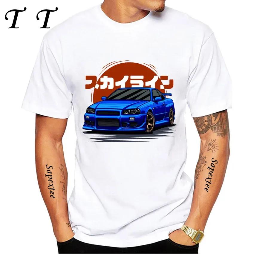 New Summer Men Short Sleeve JDM Legend NISSIA Skyline R34 R33 GTR Evolution Car Print TShirt Boy Casual Tops Fashion White Tees
