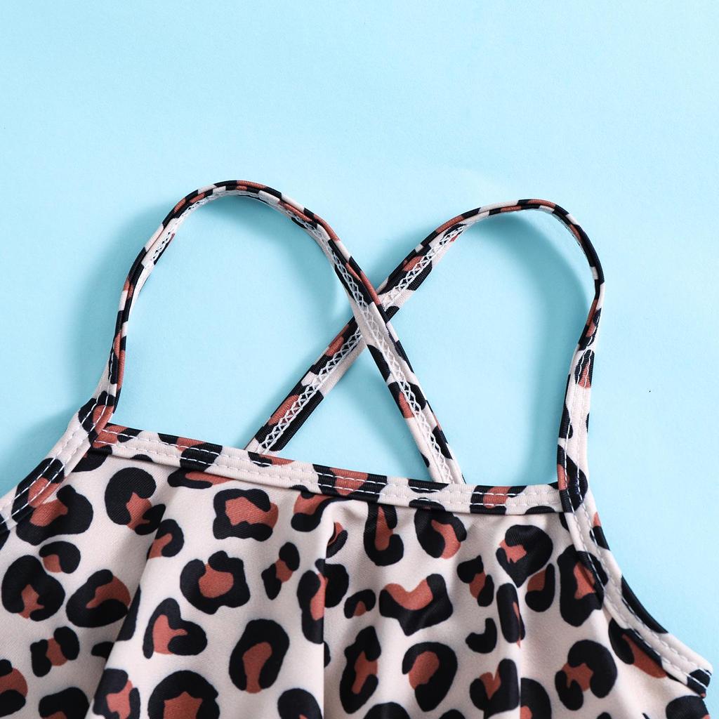 Girls' Leopard Print Sporty Swimsuit Set - Split Sling Style