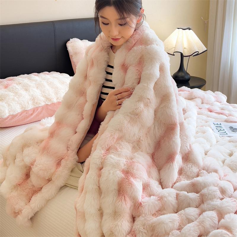 Luxury Super Soft Faux Rabbit Fur Blanket Fluffy Pink White Gradient Throw Blankets for Sofa Bed Winter Warm Thick Plush Blanket