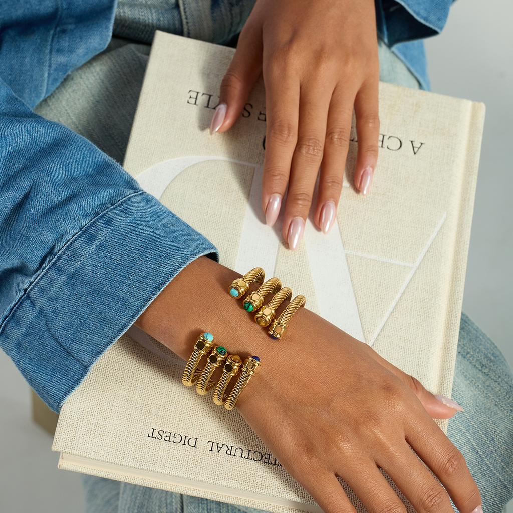Uworld Simple Classic Gold Color Plated Stainless Steel Natural Stone Blue Turquoise Ribbed Bracelet Stackable Peacock Stone
